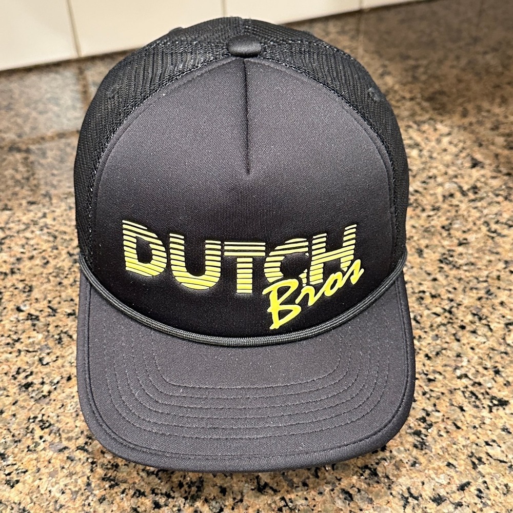 Dutch Bros Trucker Hat Men's Adjustable Black Yellow Logo Baseball Cap
